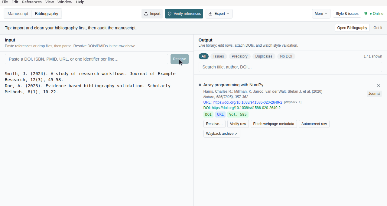 Resolve input with a DOI and the resolved reference row showing DOI, URL, and Wayback chips
