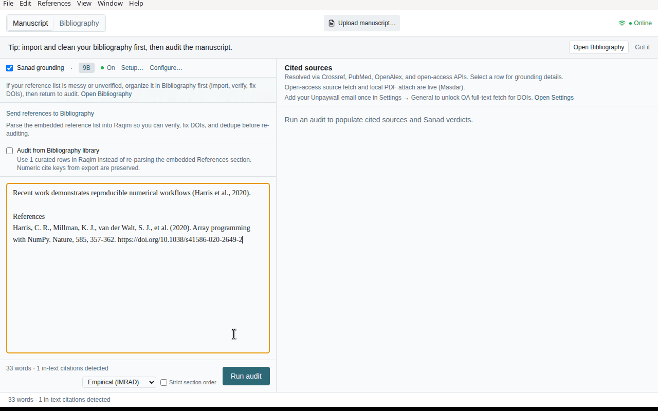 Manuscript mode with a pasted draft, Sanad grounding bar, and Run audit button