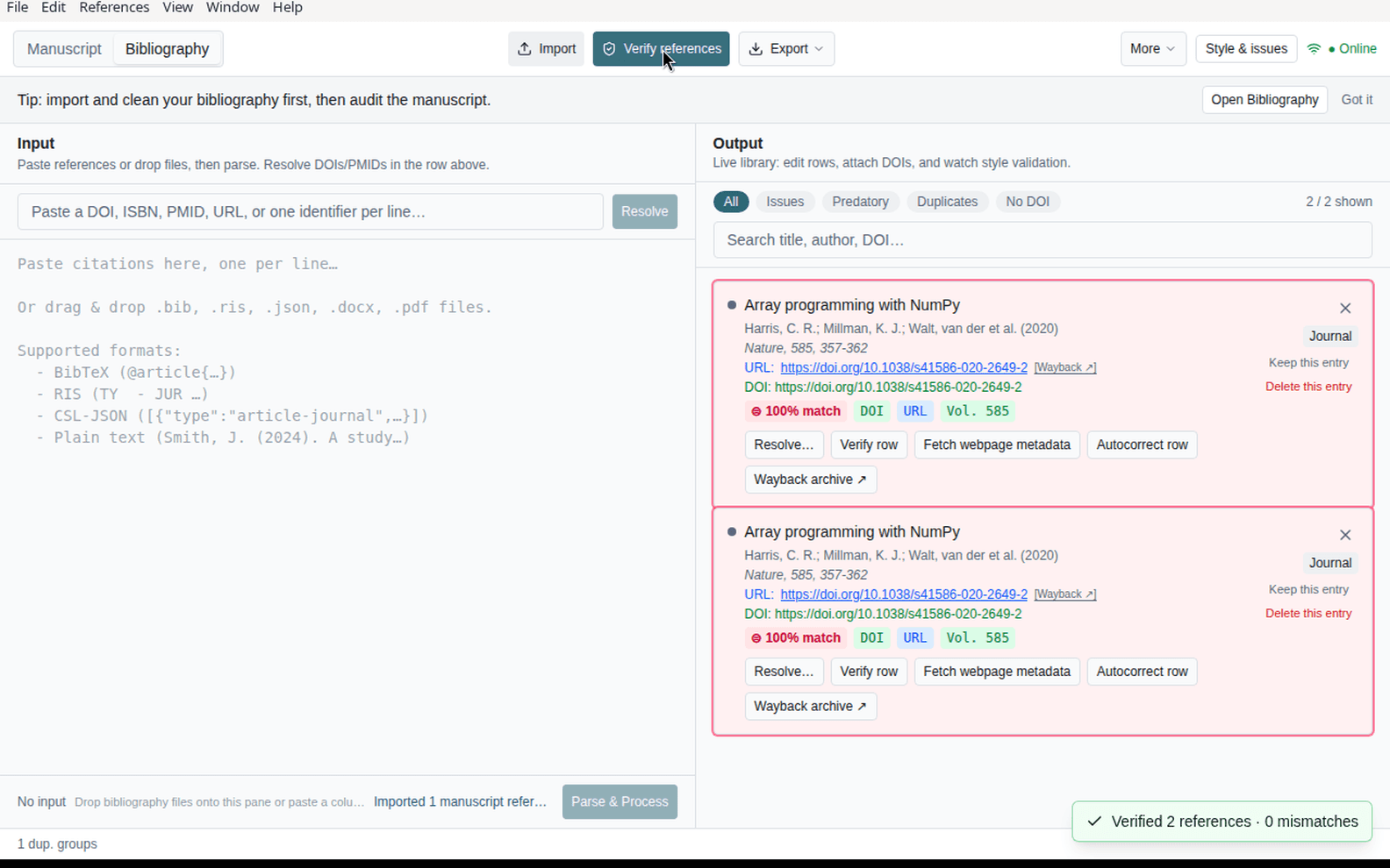 Bibliography mode after Verify references: rows verified with zero mismatches