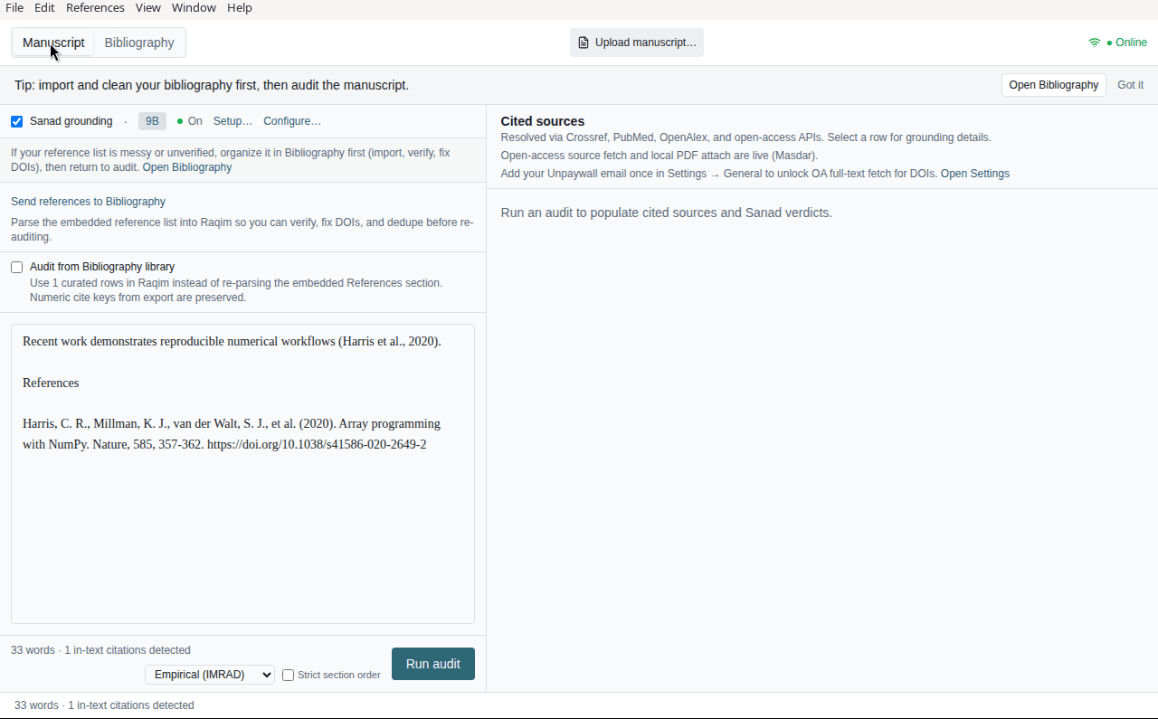 Manuscript mode with the Audit from Bibliography library toggle
