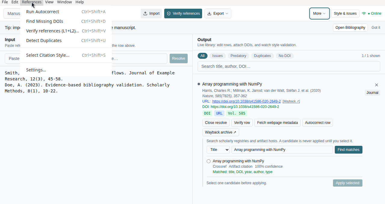 References menu with Autocorrect, Find Missing DOIs, Verify references, Detect Duplicates, and Select Citation Style