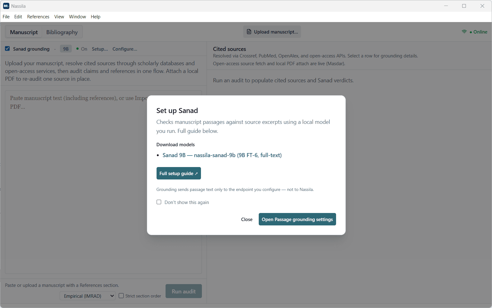 Set up Sanad dialog with the Sanad 9B download link and privacy note