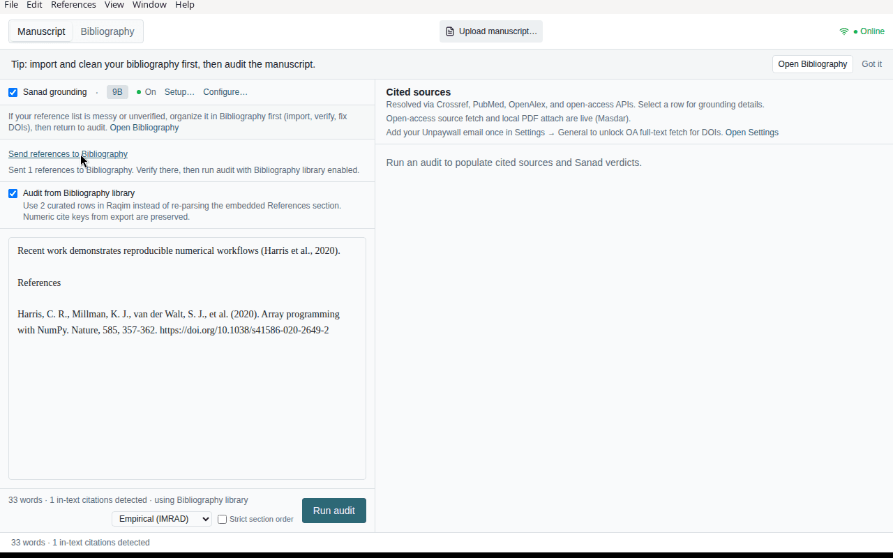 Manuscript mode after sending references to Bibliography with confirmation message