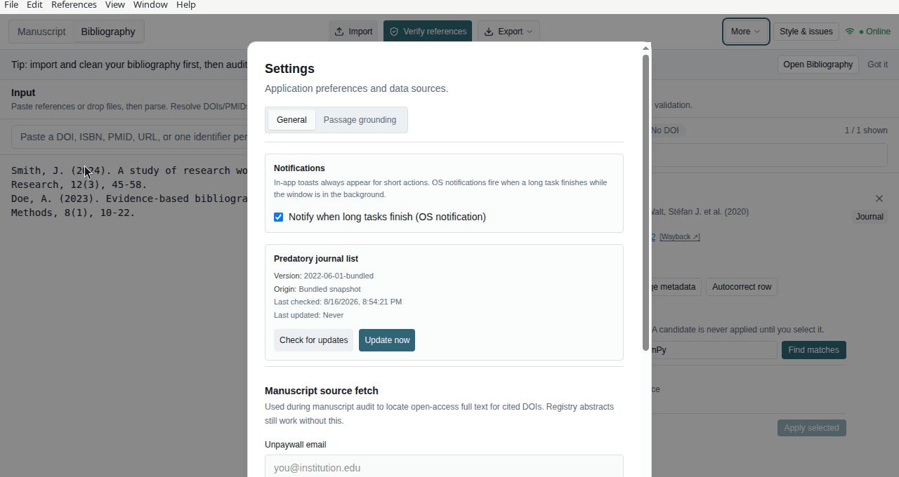 Settings dialog with notification, predatory journal list, and Manuscript source fetch options